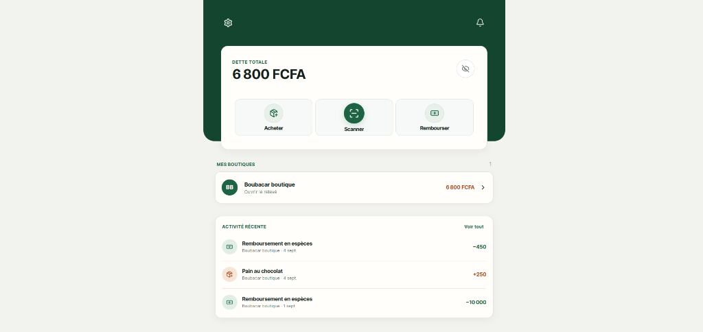 Interface Client · Tableau de bord & dette totale (6 800 FCFA)