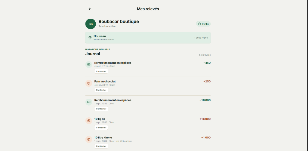 Interface Client · Relevés financiers & journal immuable