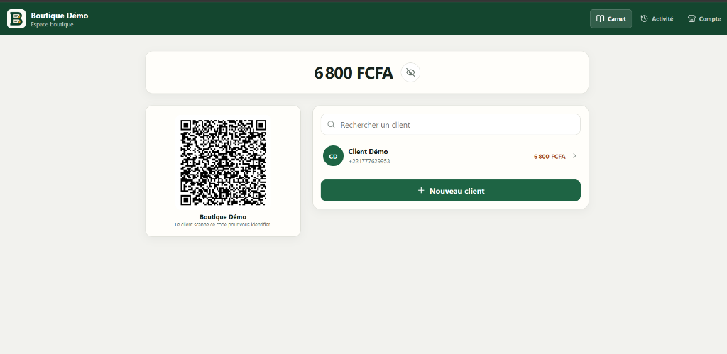 Interface Boutiquier · Espace boutique & QR code client